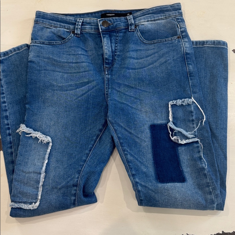 HARPER Patchwork Distressed Straight Jeans 30 Boutique Denim - Picture 4 of 8
